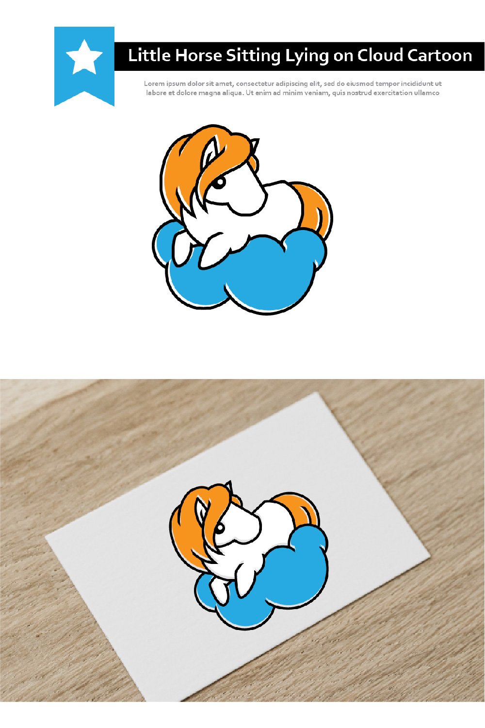 Cute Little Horse Sitting Lying on Cloud Animal Cartoon pinterest image.