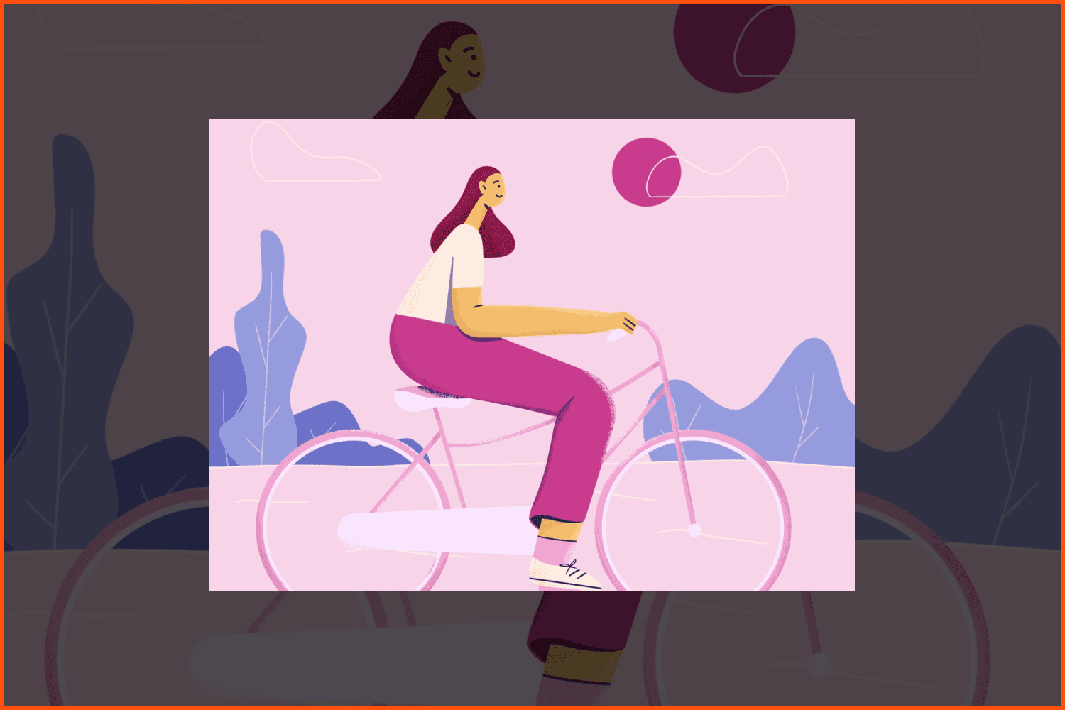 Drawn girl with disproportionately large legs on a bicycle.