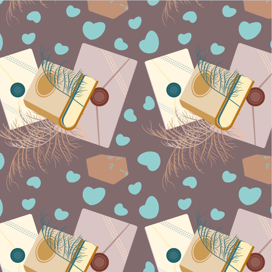 10 Seamless Patterns with a heart, a bouquet of tulips, twigs, a book, a cup of coffee, a chocolate candy, a paper envelop.