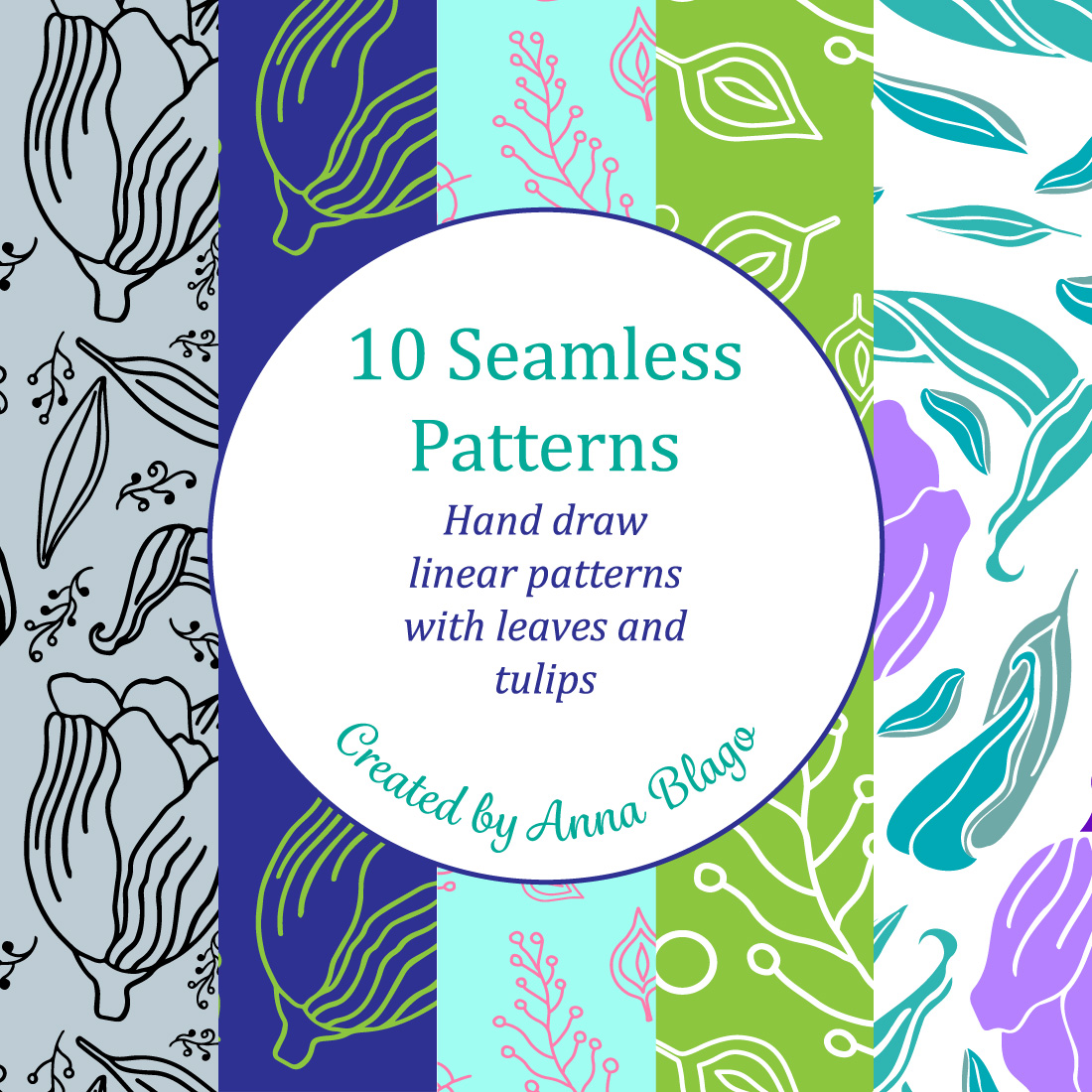 Seamless Hand draw Linear Patterns with Leaves and Tulips.