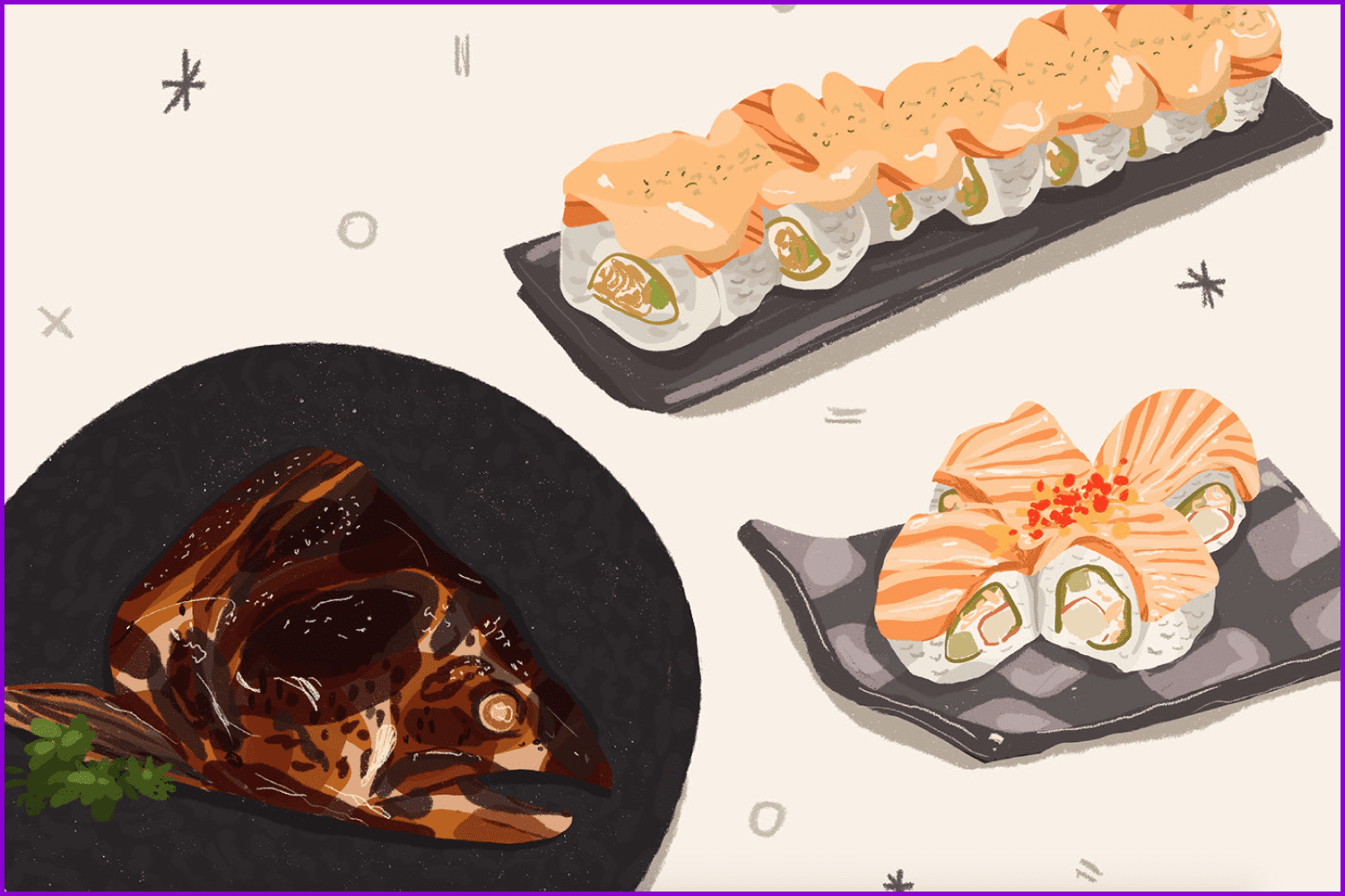 Drawn sushi and fish head on plates.