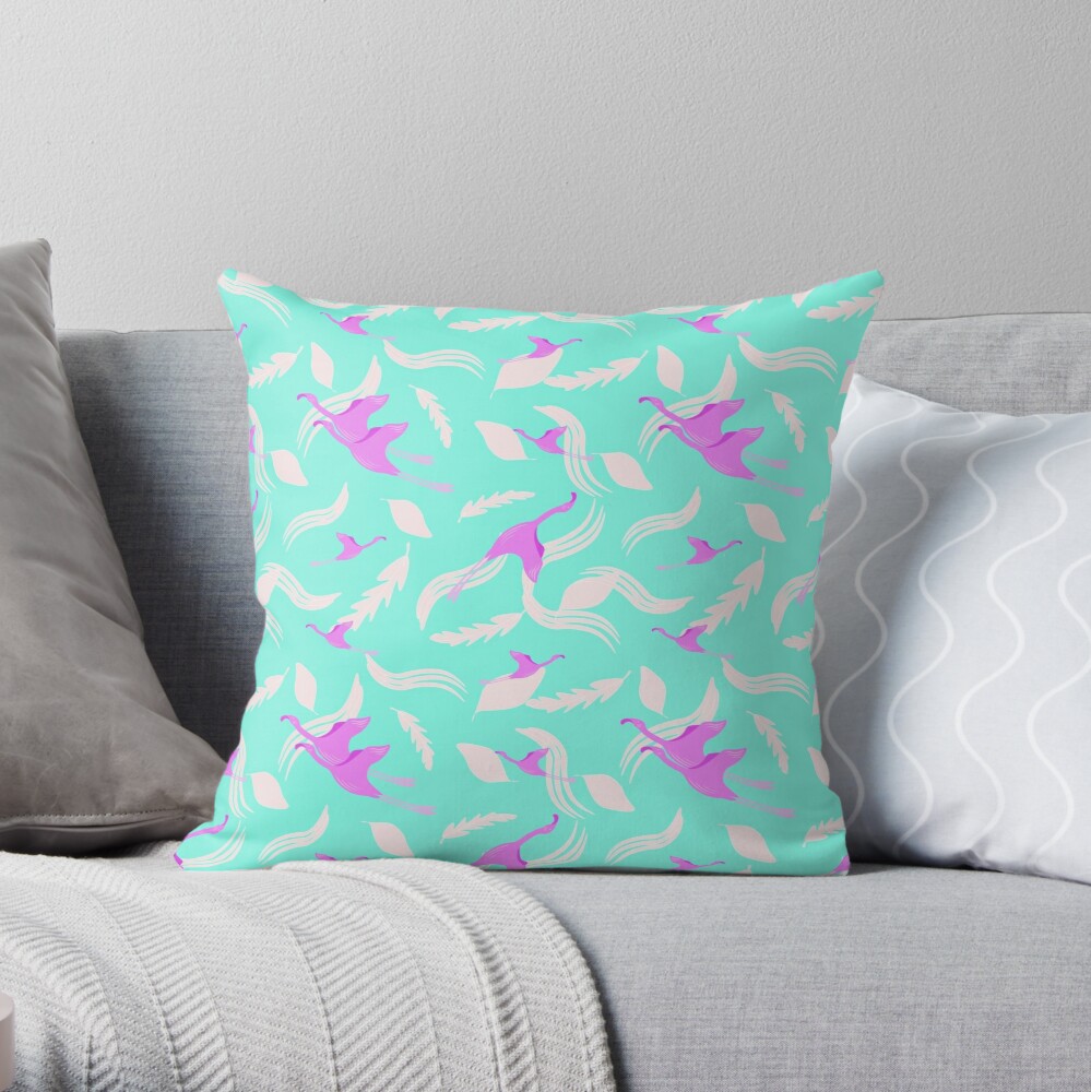 pillow Set of Wave Patterns. Flamingo Pattern and Feather.