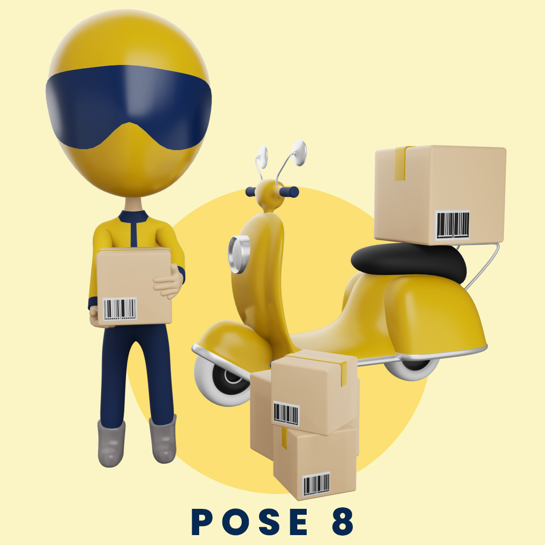 3D illustration with 10 poses of 3D characters wearing helmets with scooters and also carrying packages.
