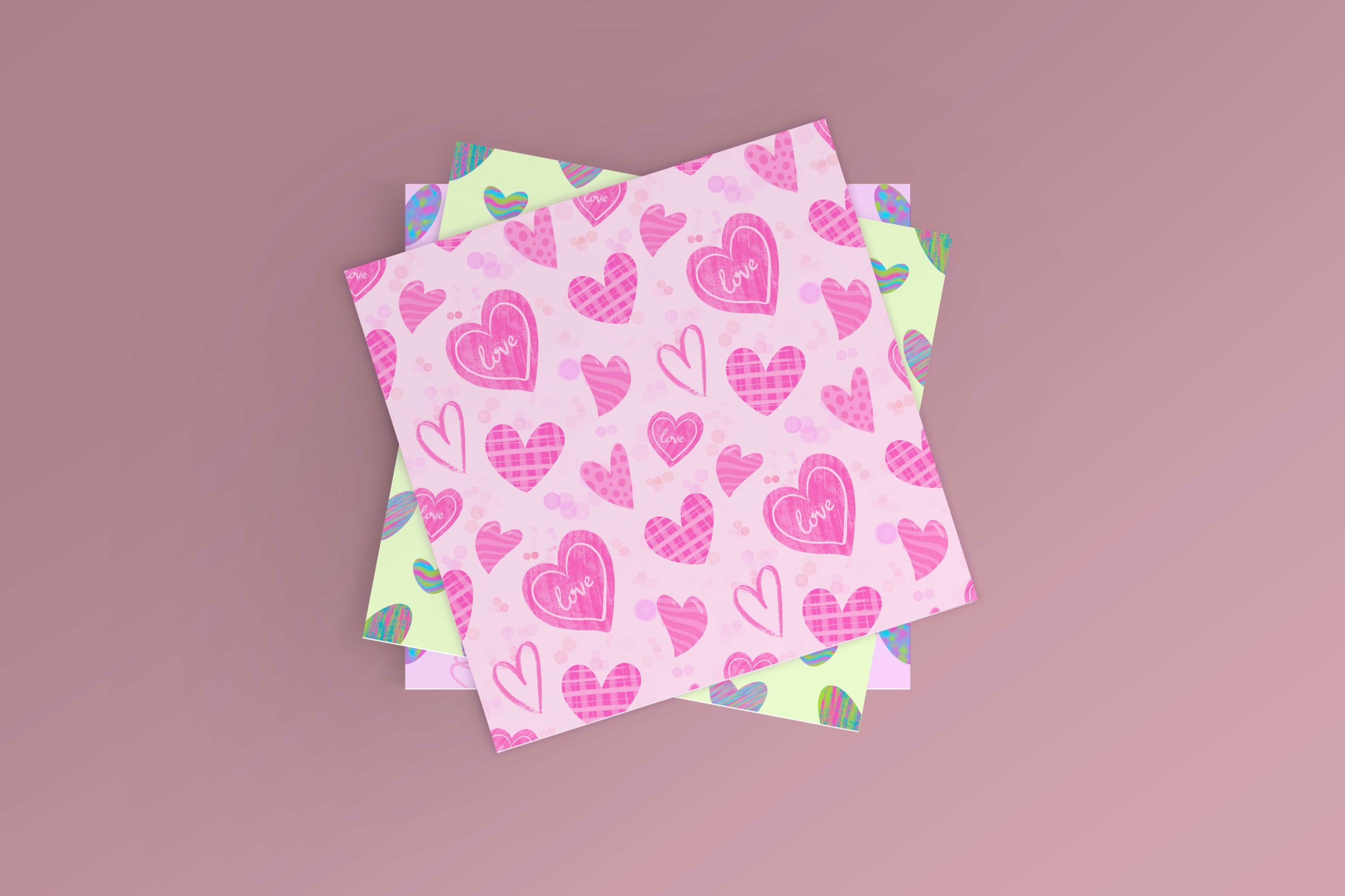 Set of three seamless colorful patterns with hearts, Valentines day mockup.