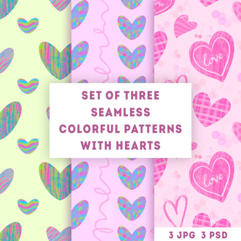 Seamless Colorful Patterns with Hearts cover image.