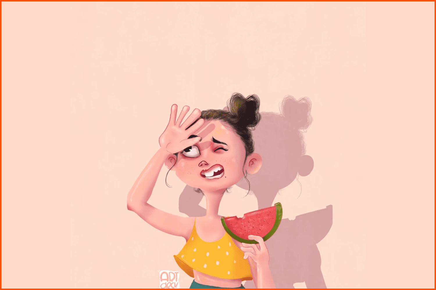 A girl with a watermelon in her hands squints from the sun.