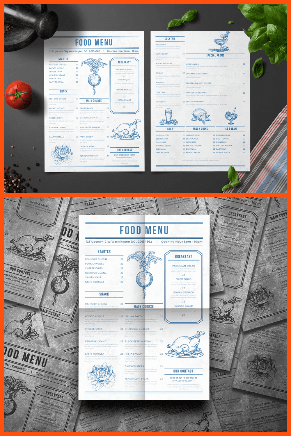 Simple, strict, modern menu with blue font.