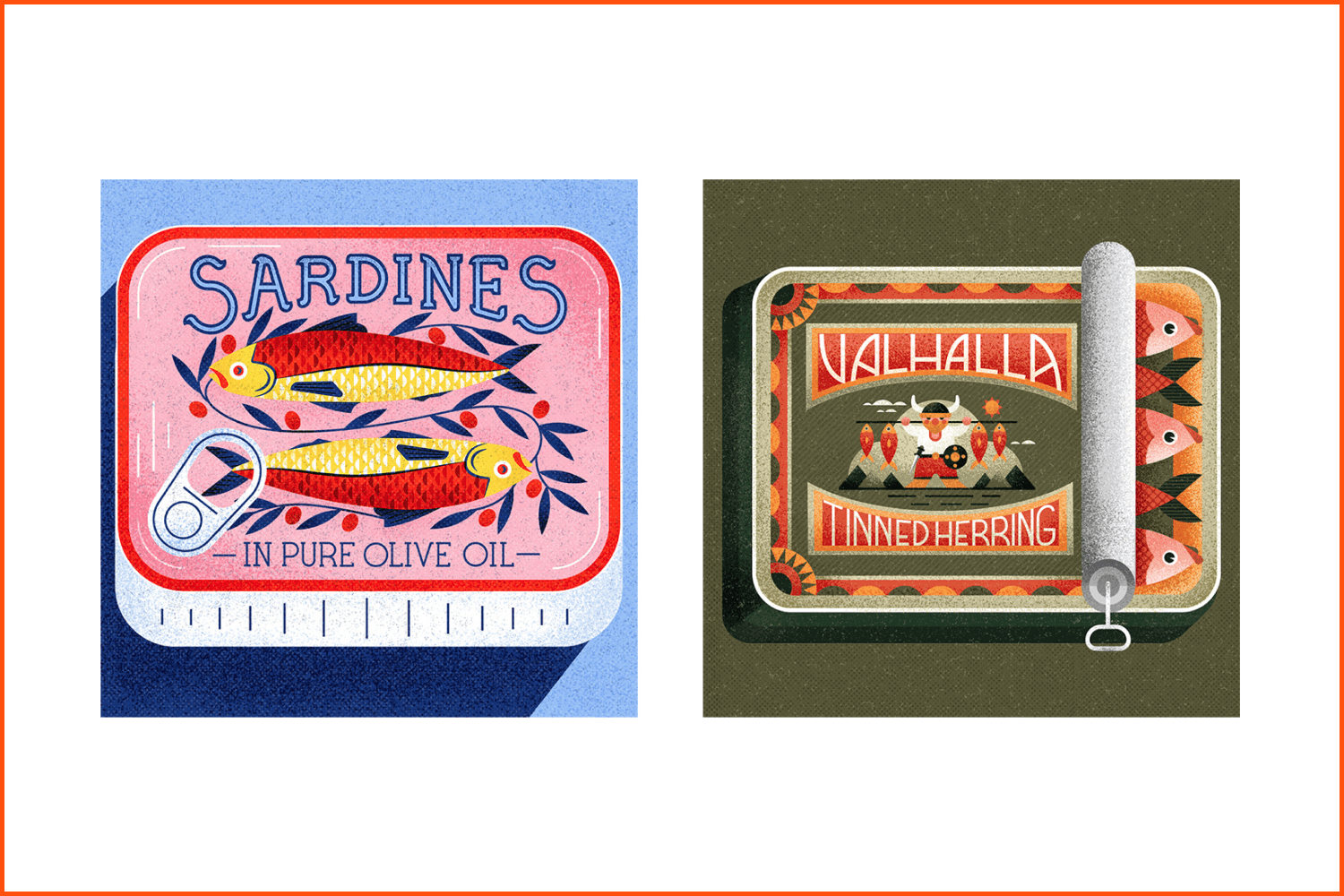 Image of canned fish in vintage style.