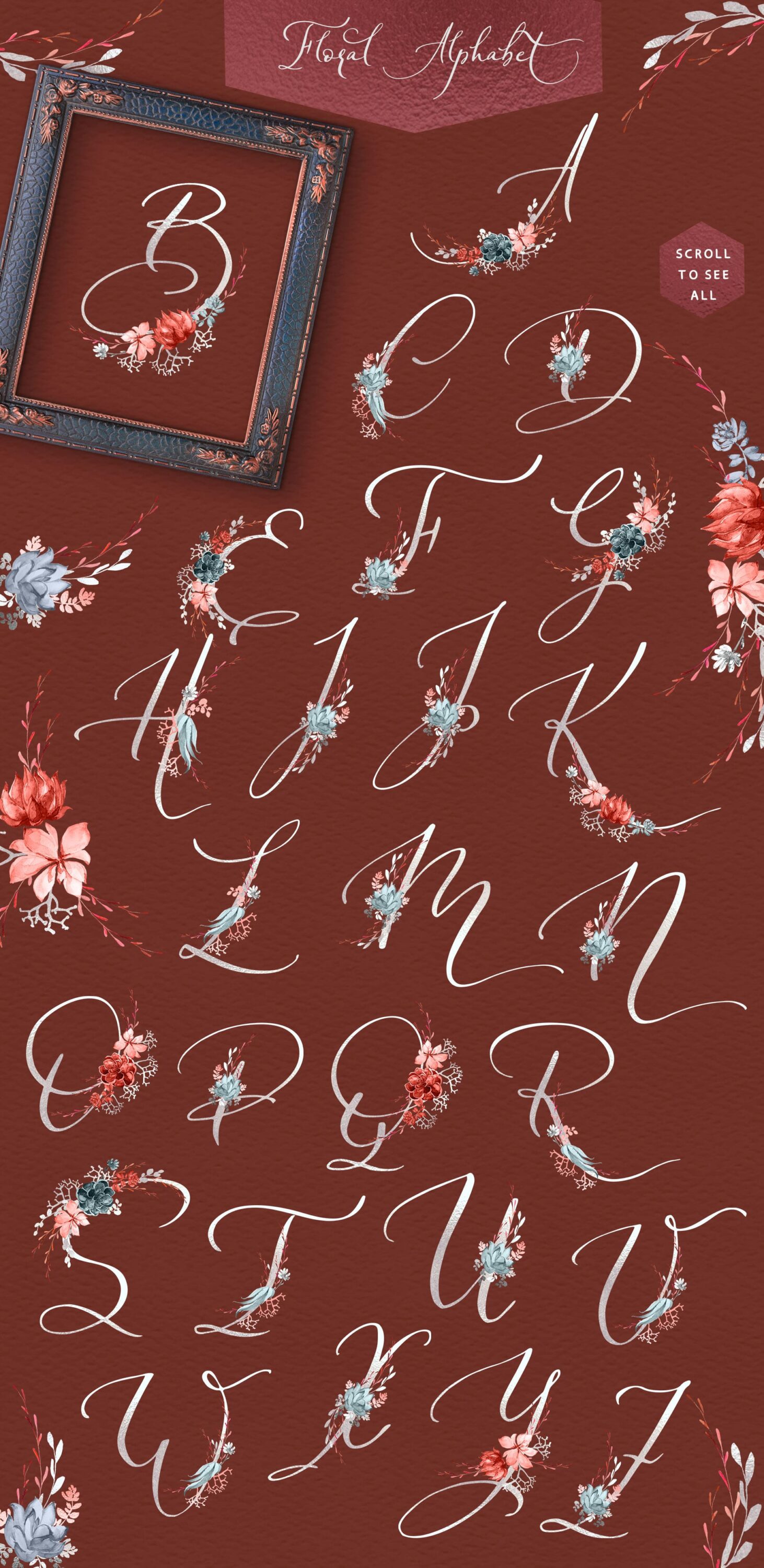 General view of coral floral wedding clipart and fonts.
