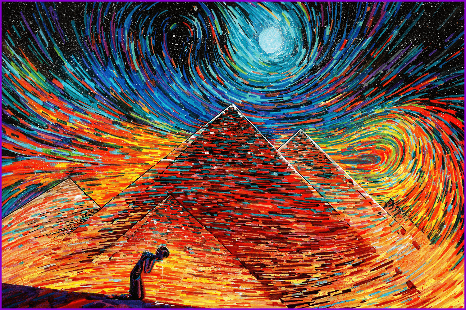Figure against the background of the pyramids in the technique of Van Gogh.