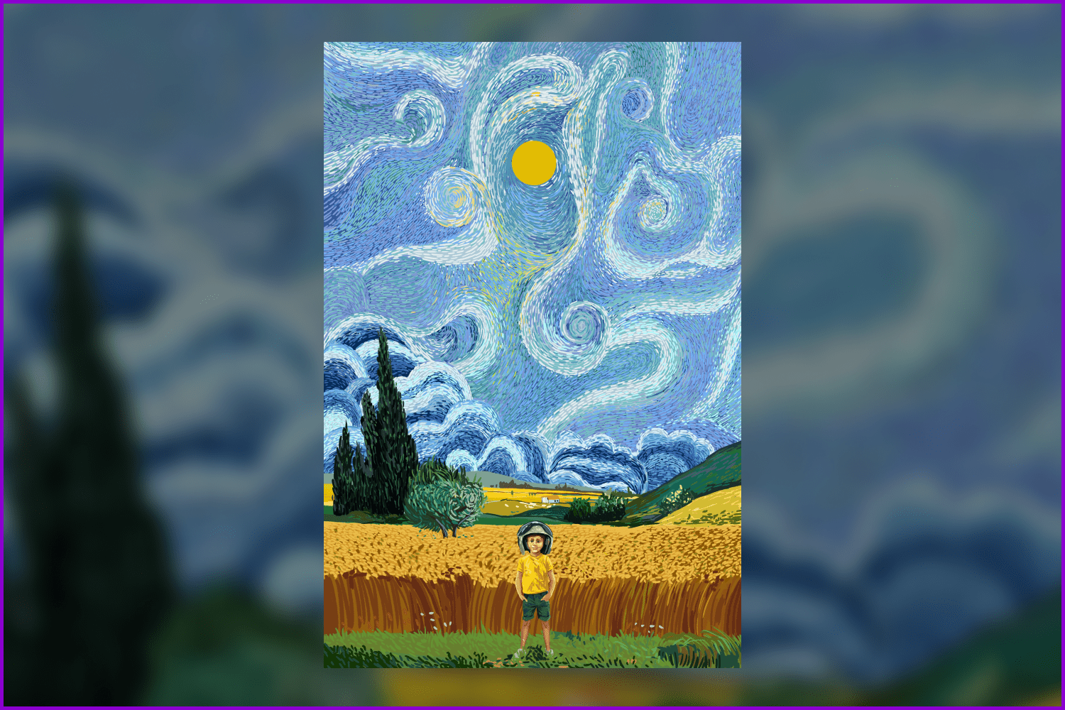Boy in a helmet against the background of the field and the starry night of Van Gogh.