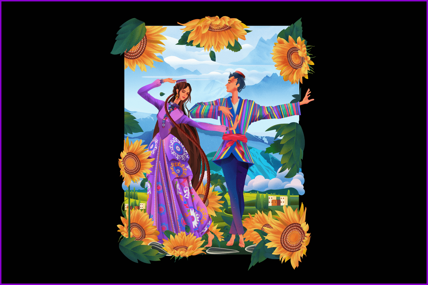 Boy and girl dancing in national wear near sunflowers.
