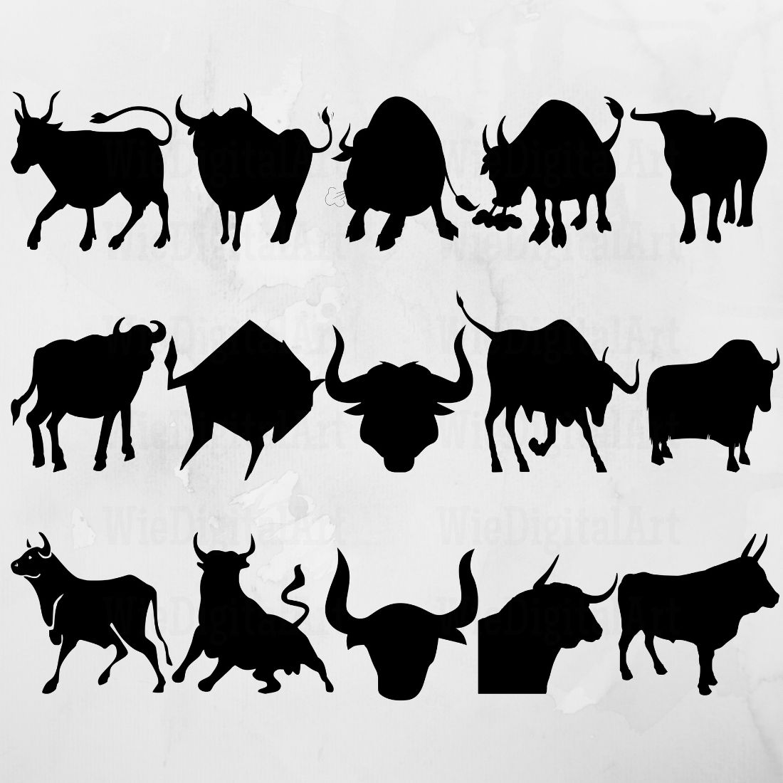 Set of twelve silhouettes of bulls.