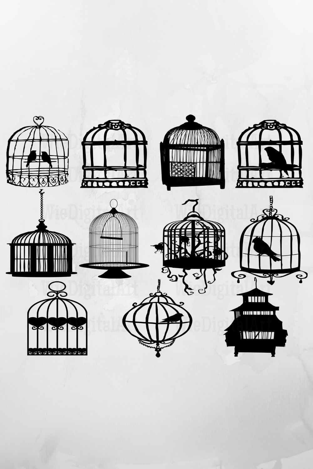 Bunch of birds in cages hanging from the ceiling.