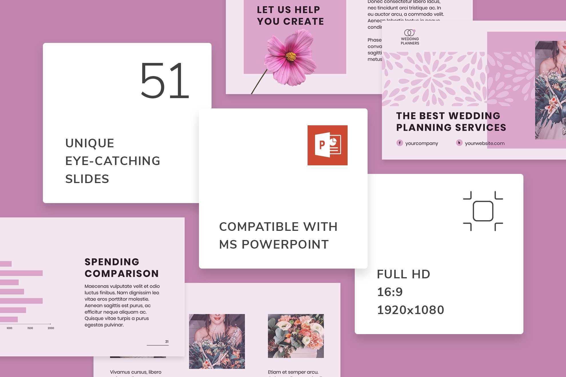 Wedding Planner template includes 51 unique slides.