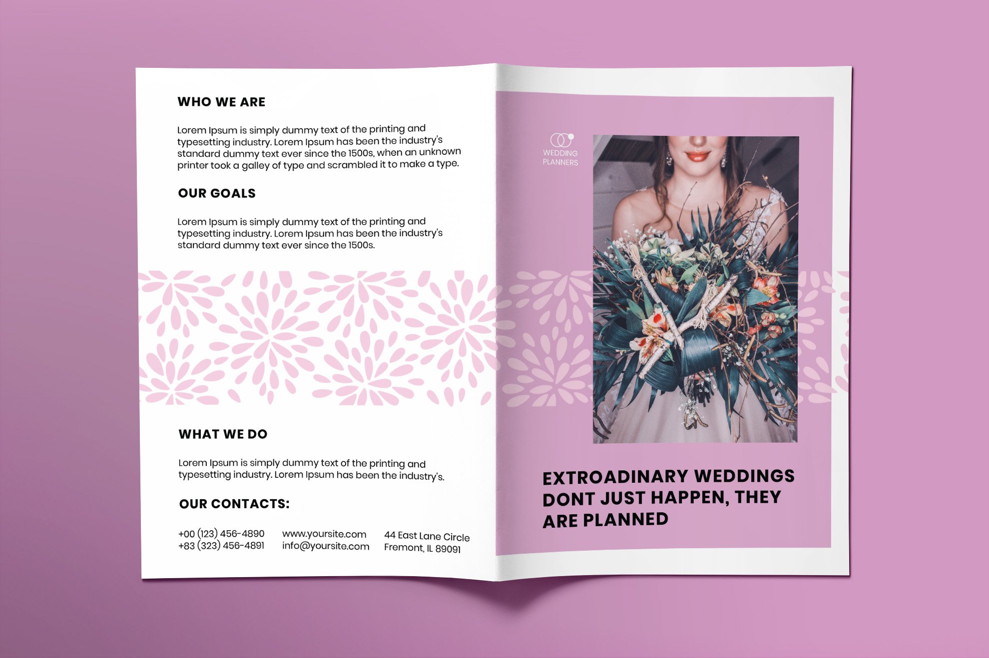 Two-page brochure in pink.