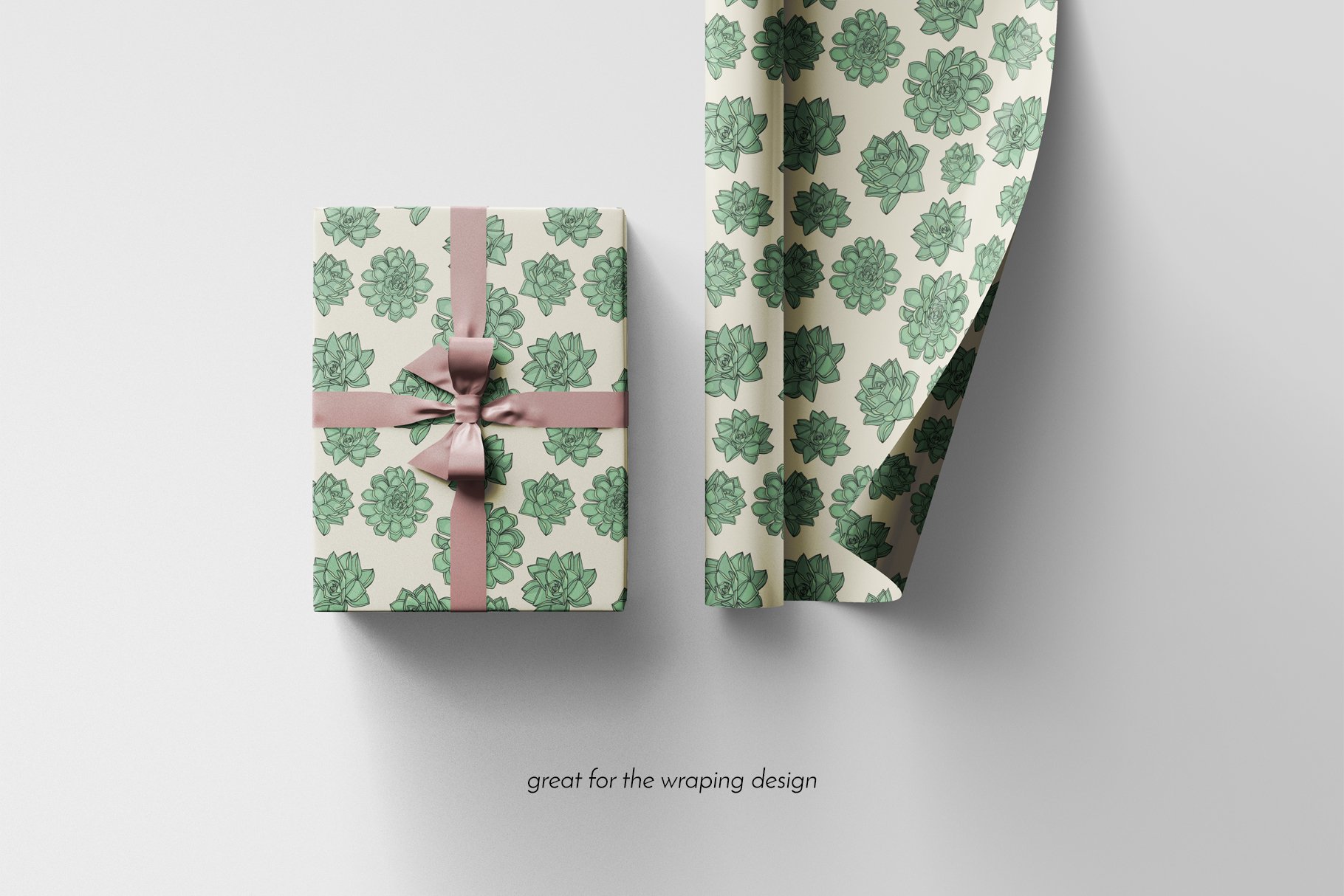 Festive green flowers on the wrapping paper.
