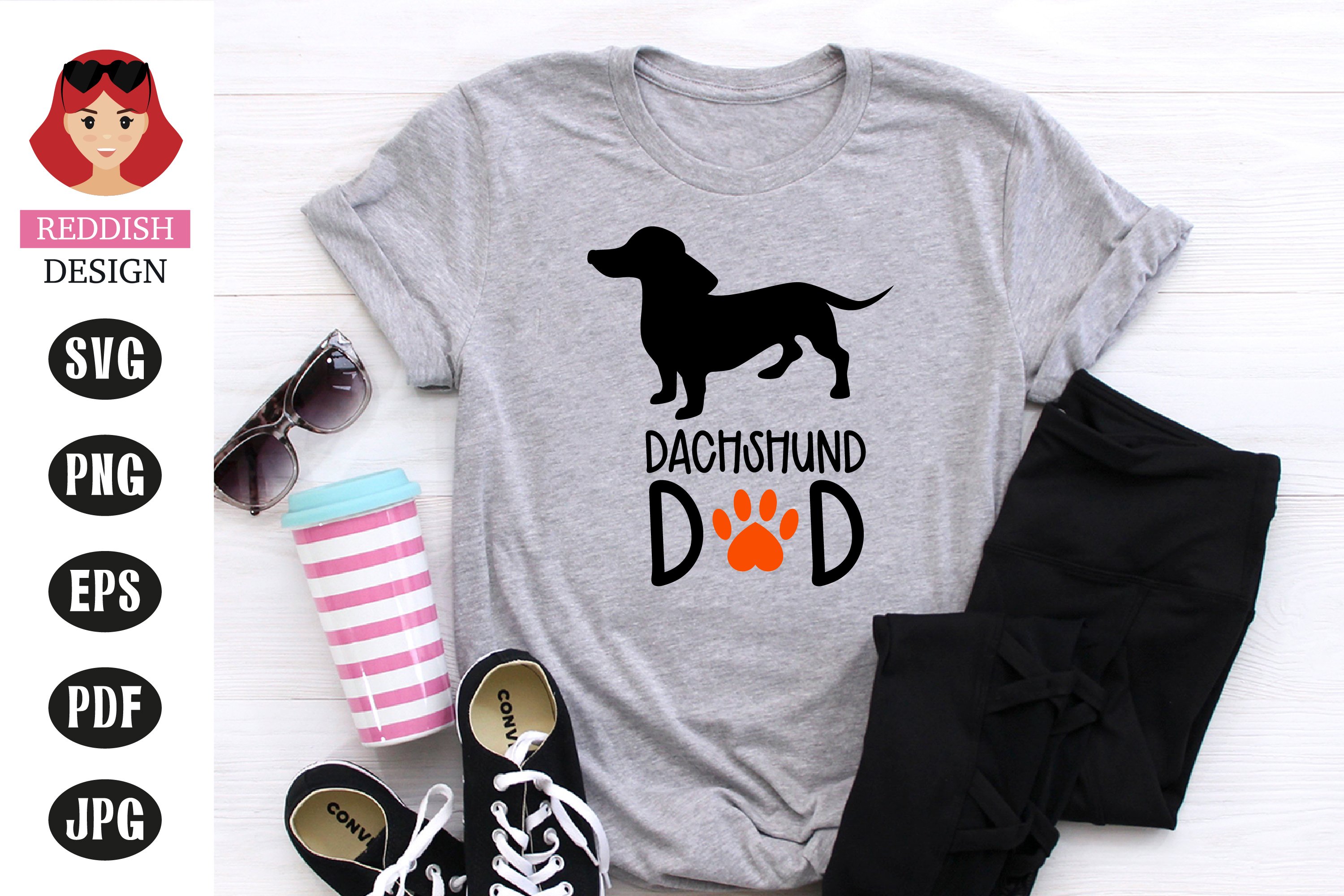 Grey t-shirt with dog.