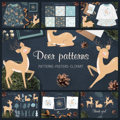 Deer patterns, posters, clipart.