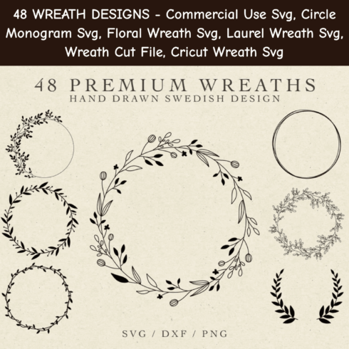 48 Wreath Designs - Commercial Use SVG.