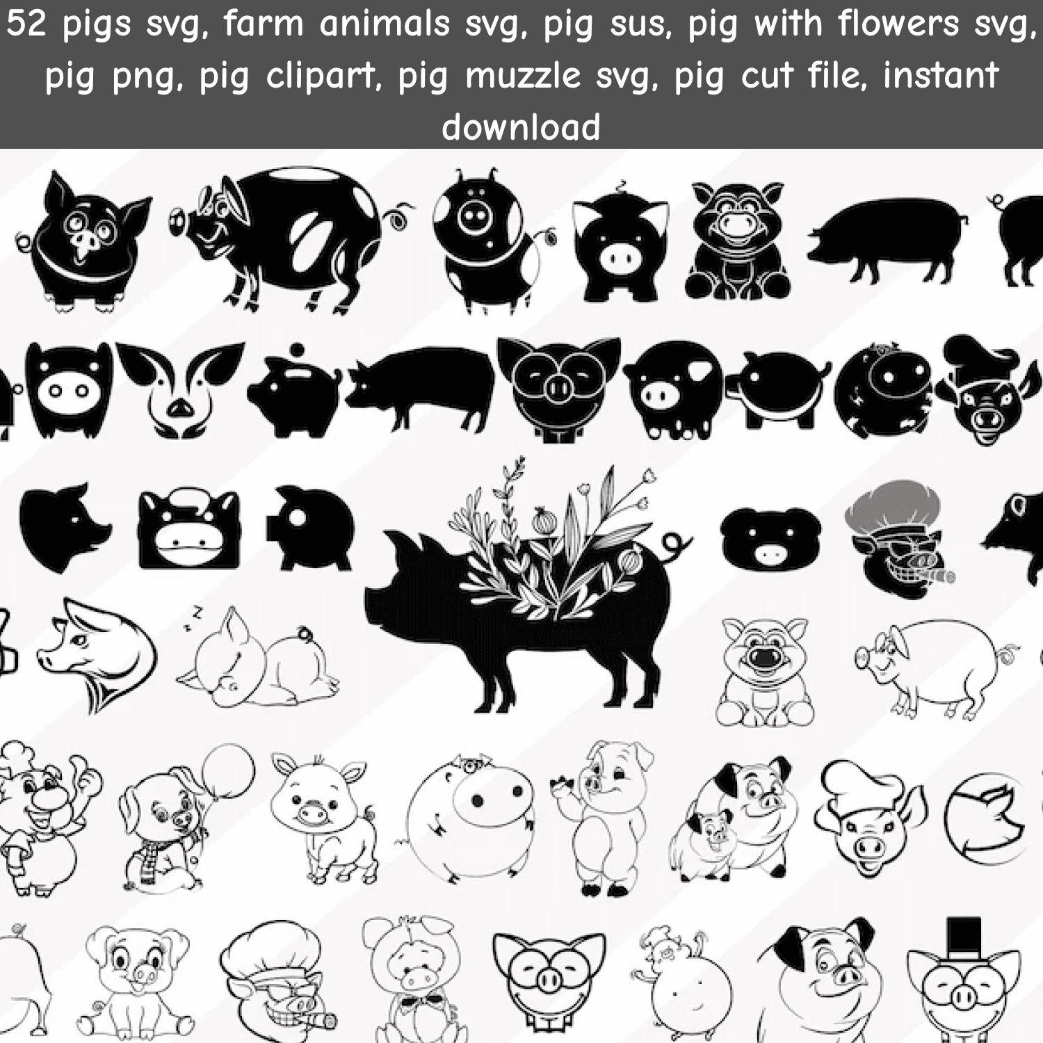 Bunch of farm animals are shown in black and white.