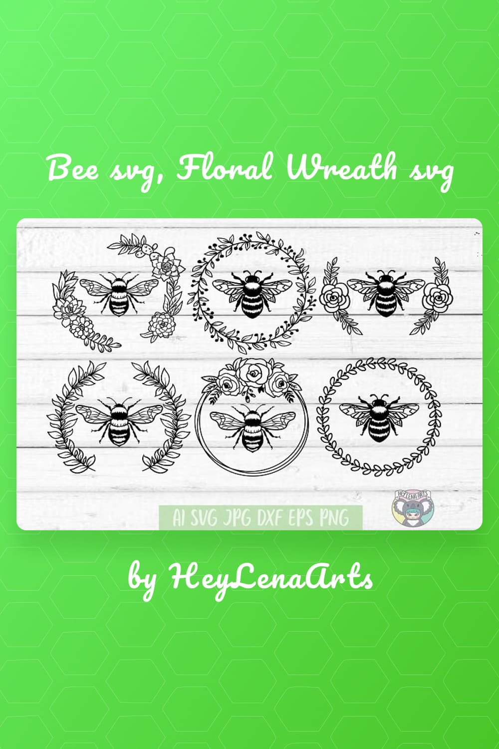 Bee SVG, Floral Wreath SVG preview of Pinterest image.
