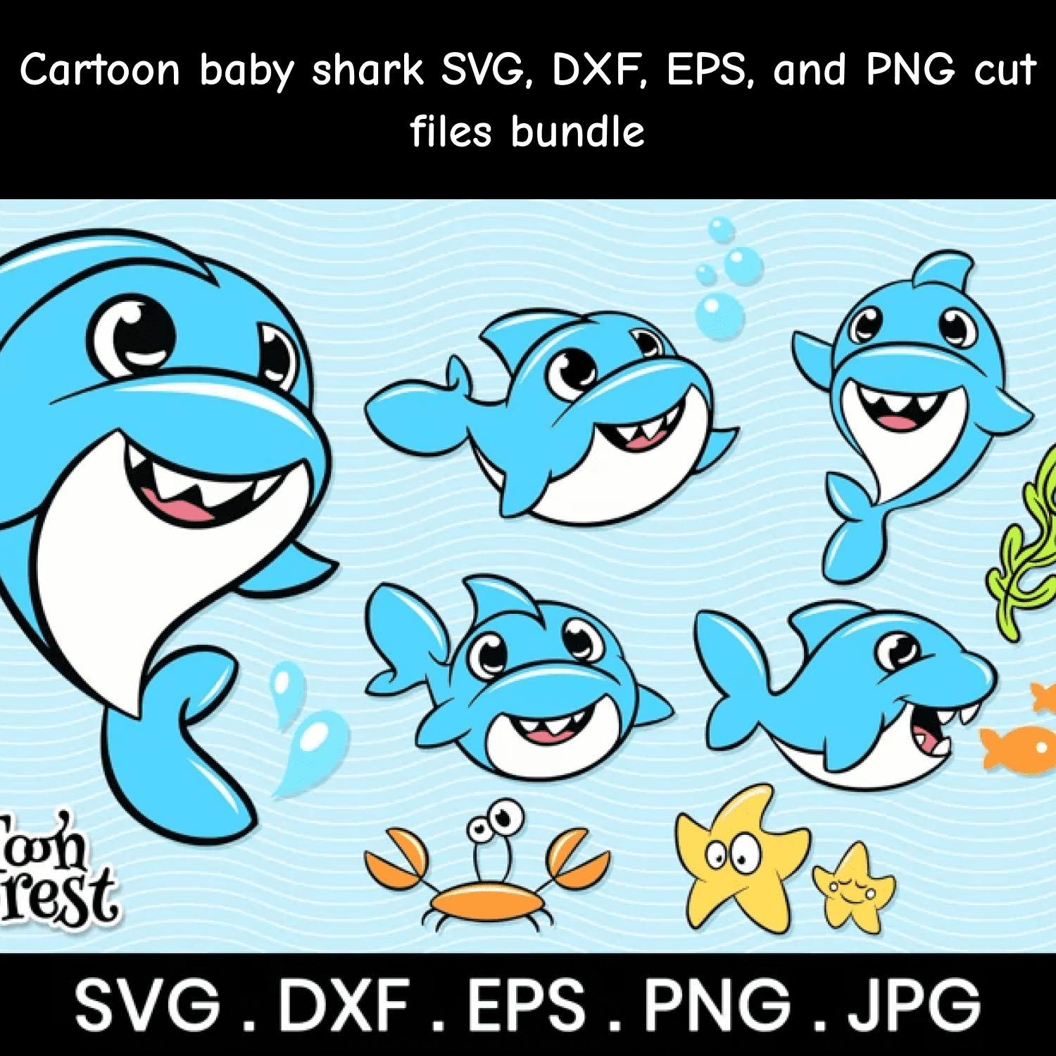 Cartoon baby shark SVG, DXF, EPS, and PNG cut files bundle.
