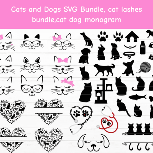 Cats and Dogs SVG Bundle, cat lashes bundle,cat dog monogram main cover.