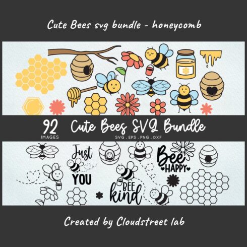 Cute Bees SVG Bundle - Honeycomb Honey Bee SVG PNG Clipart - 92 Images in different Formats.