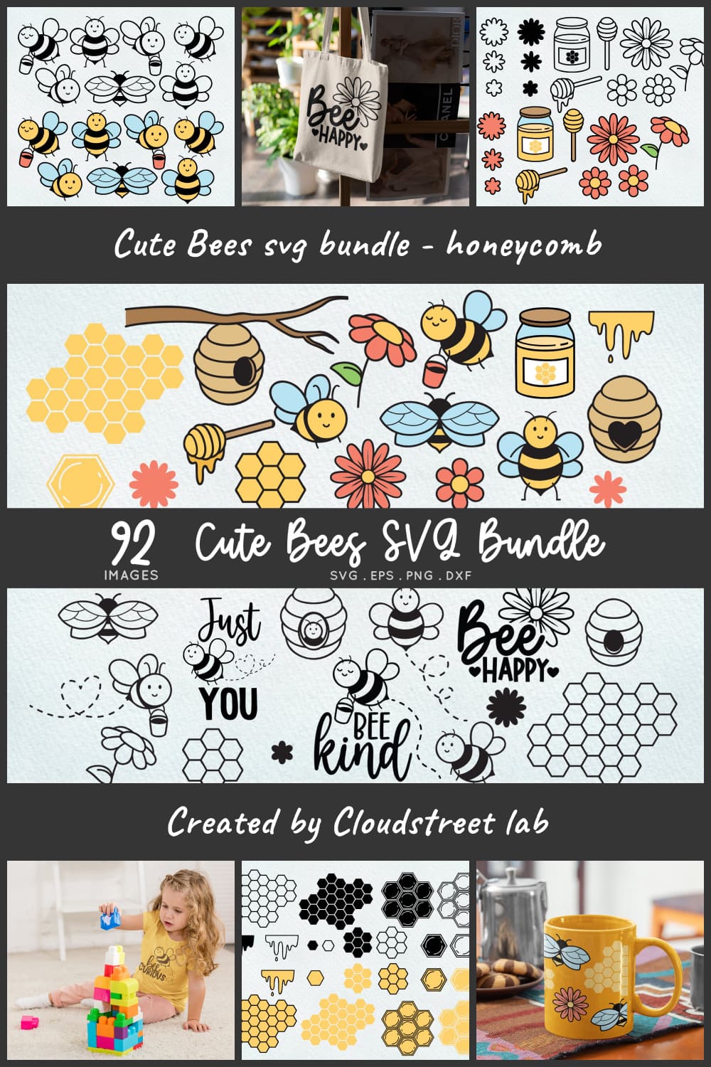 Cute Bees SVG Bundle preview of Pinterest image.