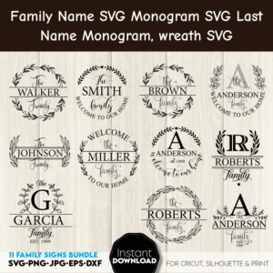 Family Name SVG Monogram SVG Last Name Monogram, Wreath SVG – MasterBundles