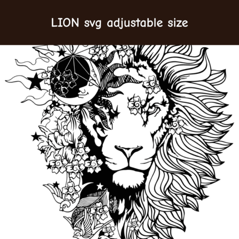 Drawing of a lion surrounded by flowers.