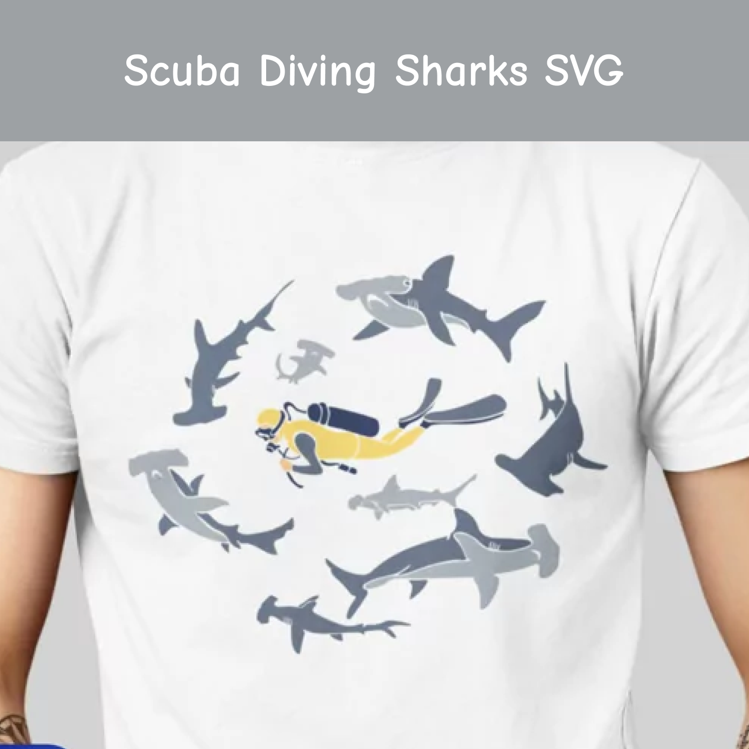 Man wearing a scuba diving shark t - shirt.