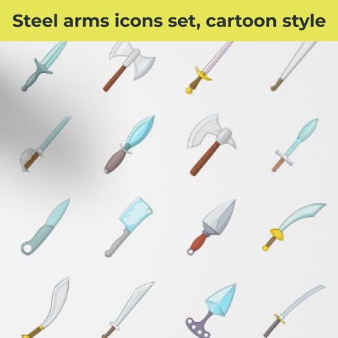 Steel arms icons set, cartoon style main cover.