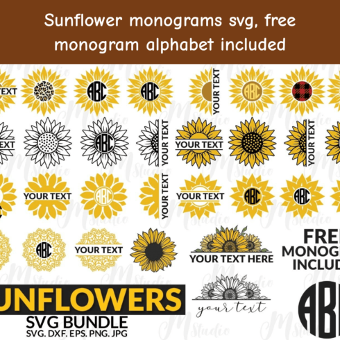 Sunflower monograms svg, free monogram alphabet included.