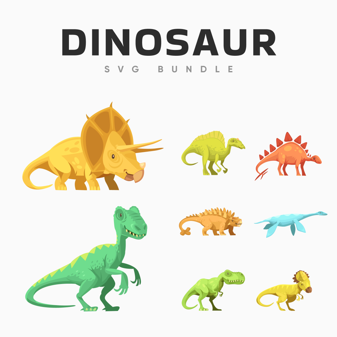 Bunch of different types of dinosaurs on a white background.