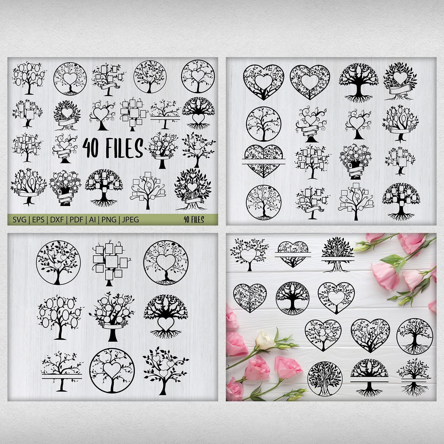 Preview of great Tree SVG Bundle in different formats.