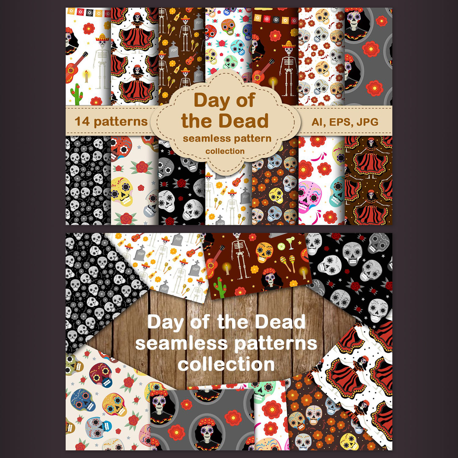 Day of the dead seamless patterns cover.