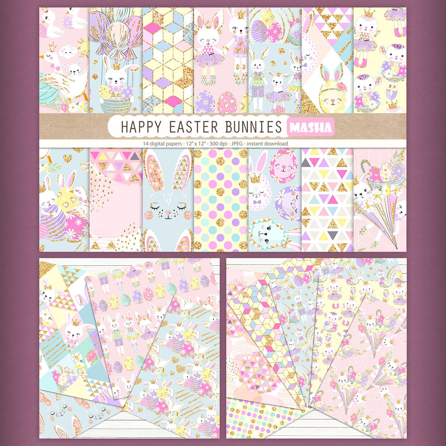 HAPPY EASTER BUNNIES digital papers cover.
