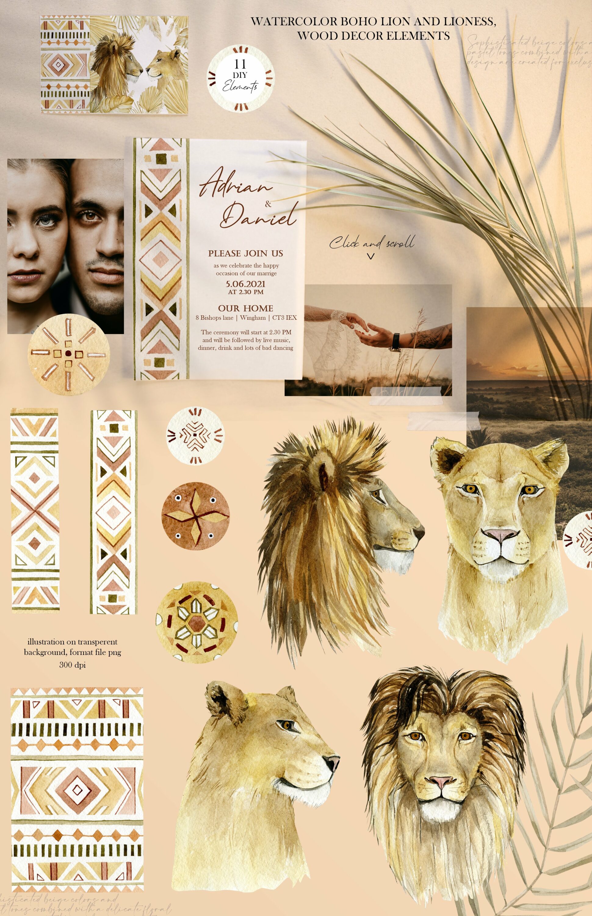 Boho Floral & Tropical Animal Lion.