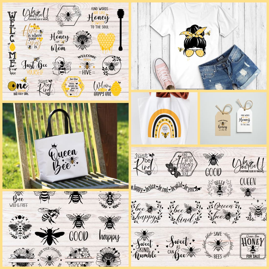 Honey Bee SVG - Examples on Bag, T-shirt.