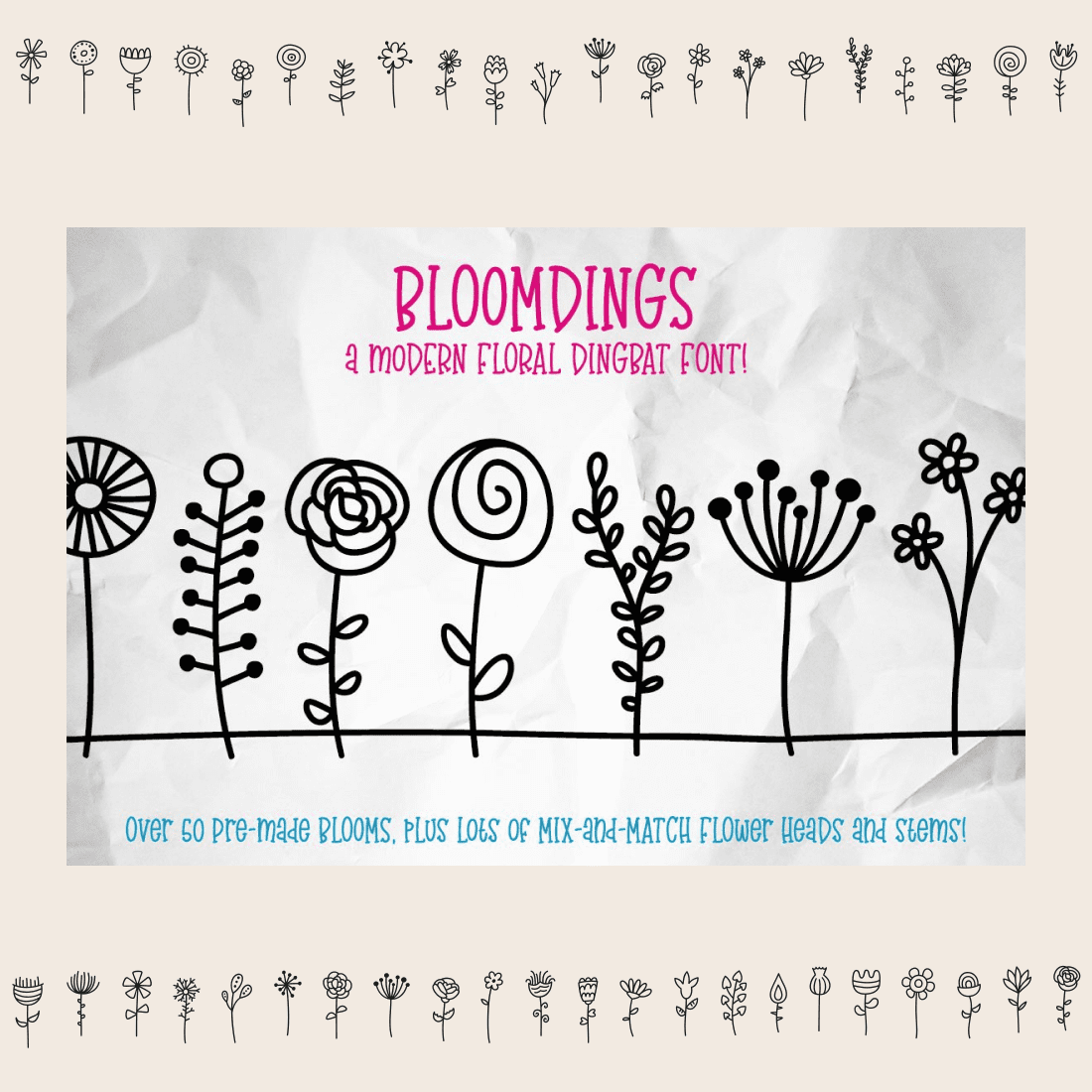 Bloomdings: Abstract Floral Dingbats - cute example in minimalistic style.