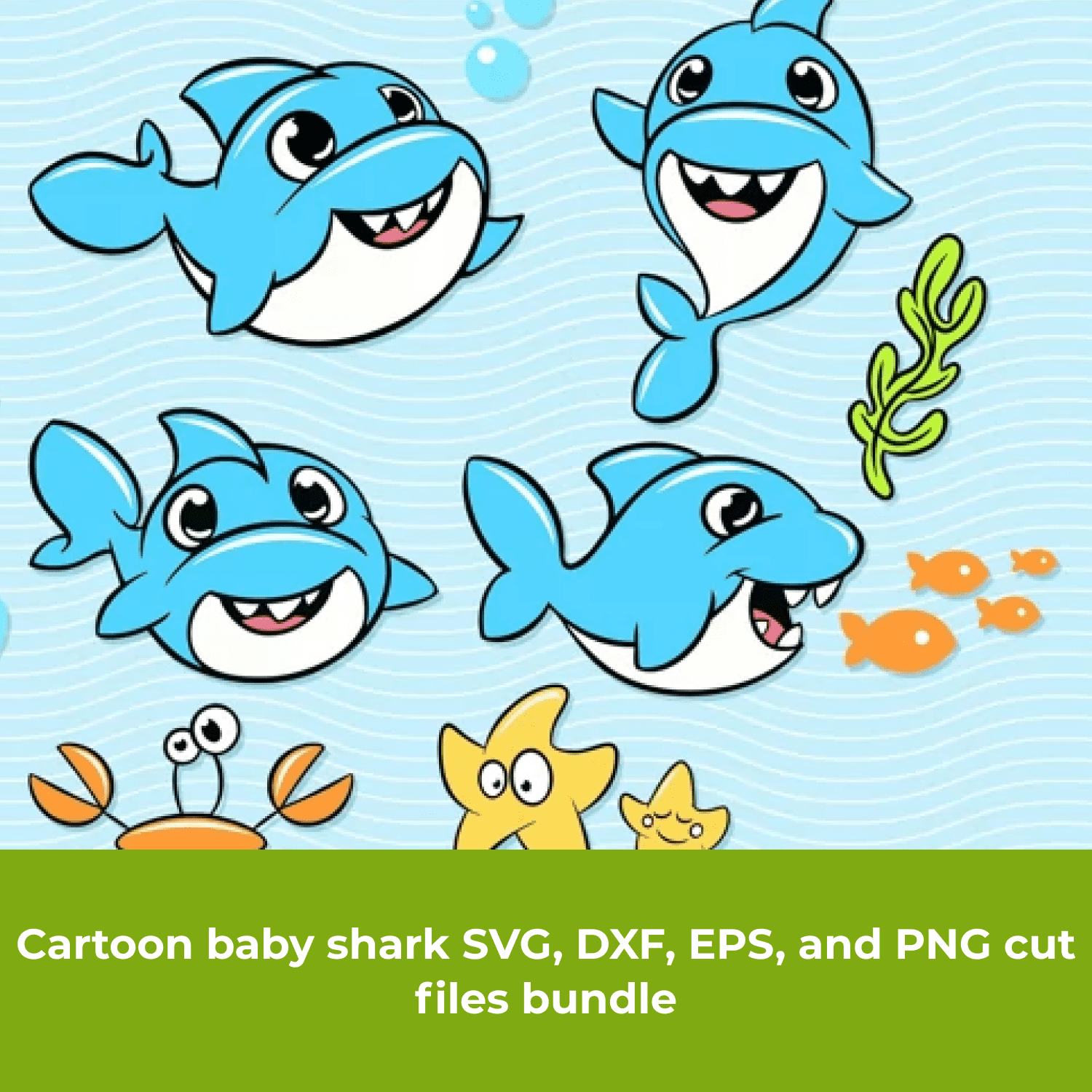 Cartoon baby shark SVG, DXF, EPS, and PNG cut files bundle cover.