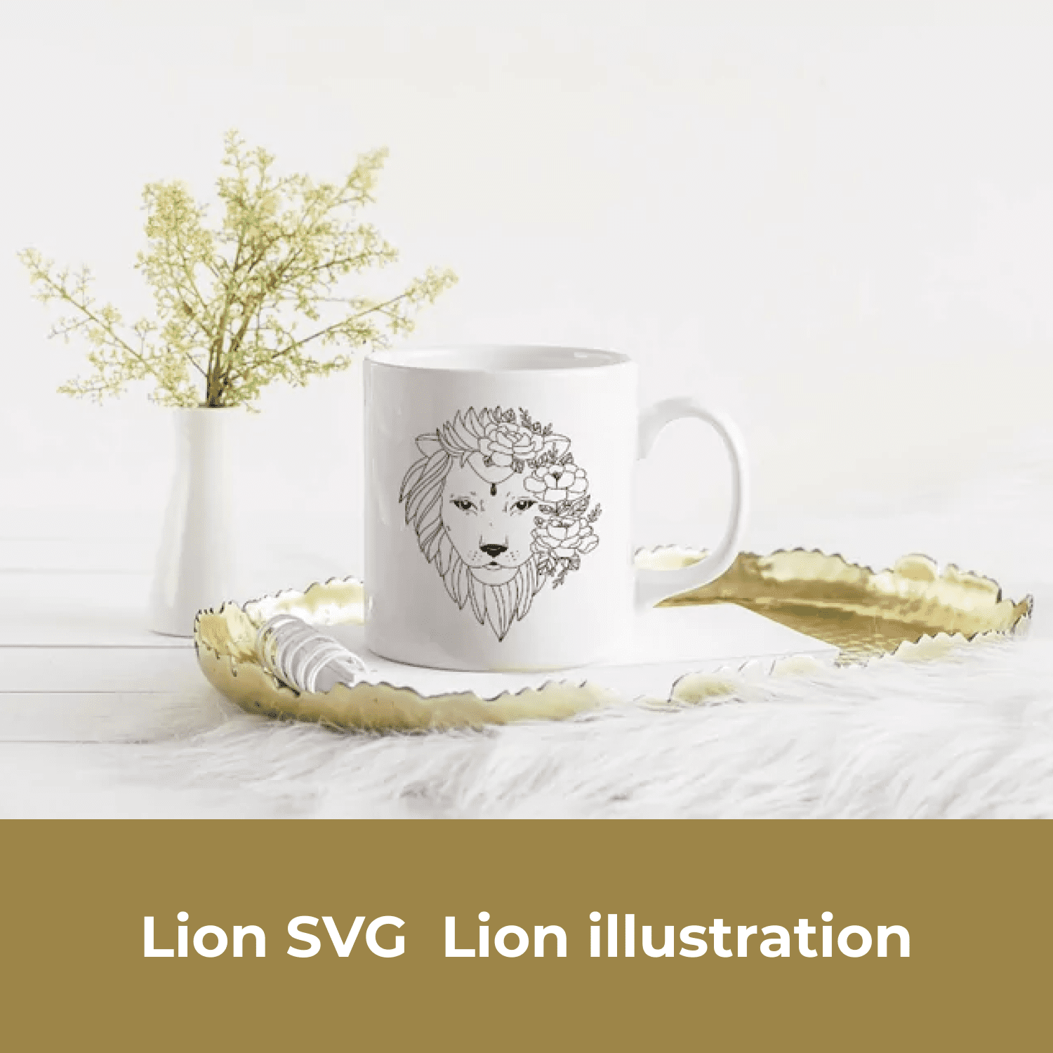 Lion mug sitting on top of a white table.