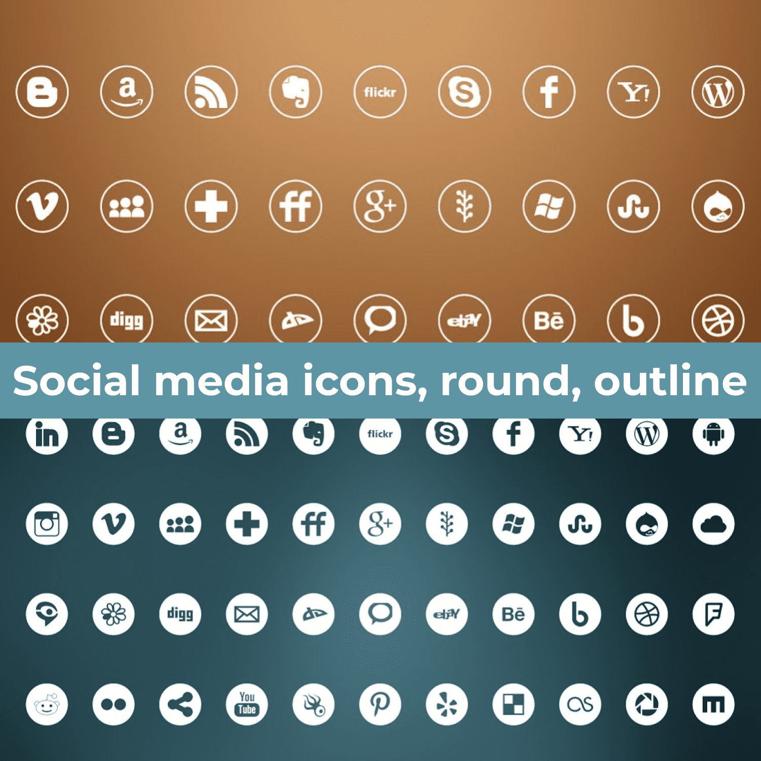 Social media icons, round, outline