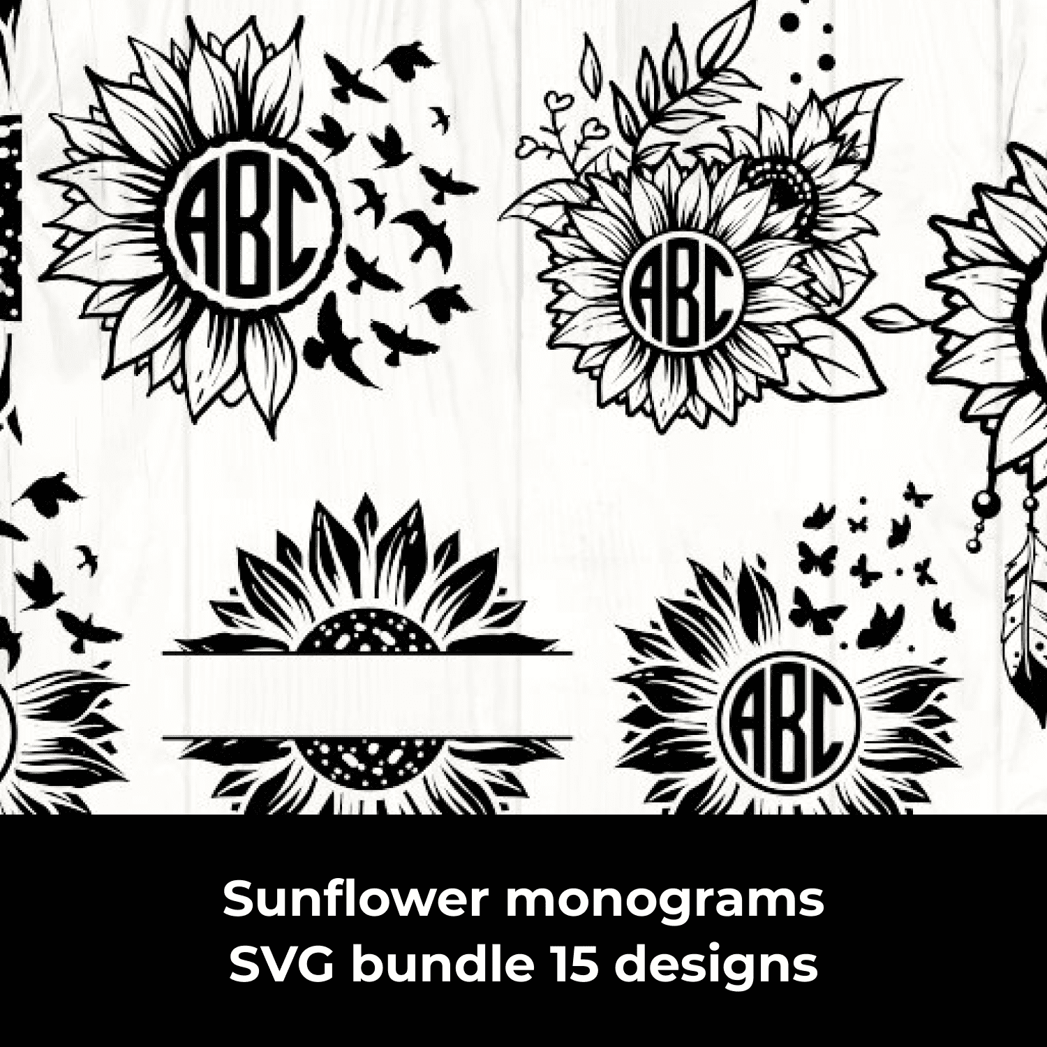 Sunflower monograms SVG bundle 15 designs cover.
