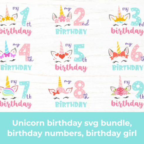 Unicorn birthday svg bundle, birthday numbers, birthday girl.