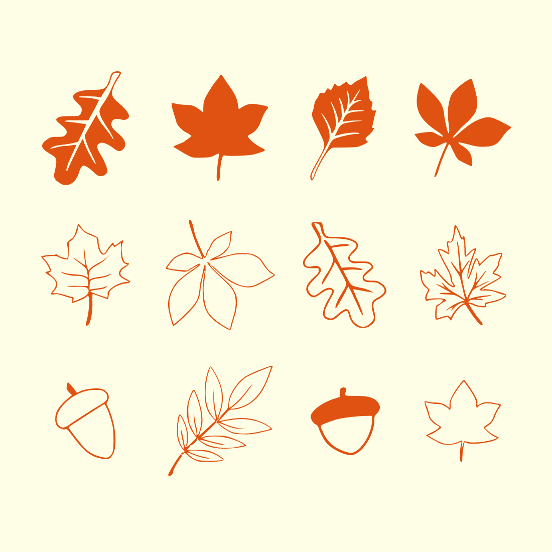Includes 18 different fall leaves/acorns designs for your projects.