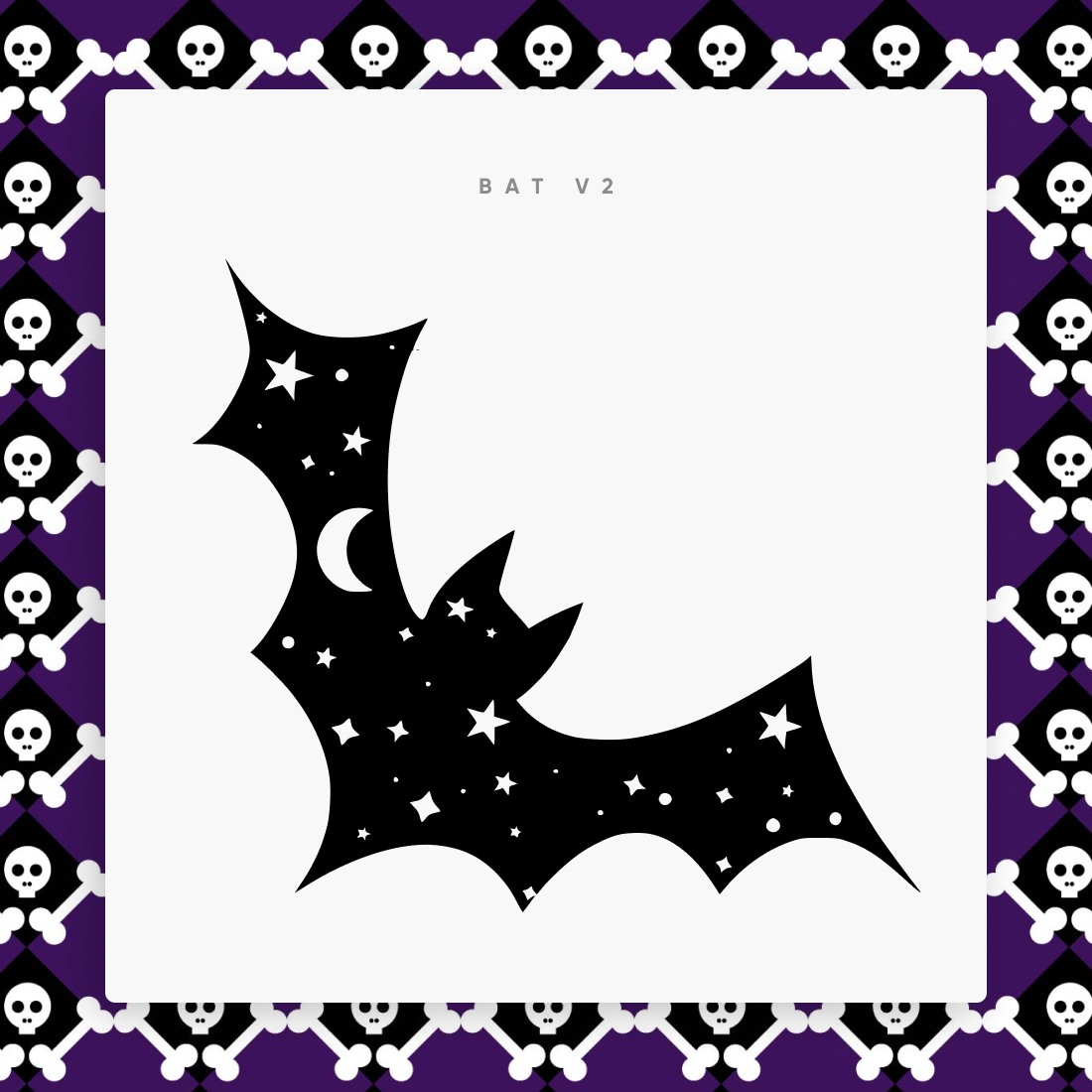 Bat with stars and skulls on a purple background.