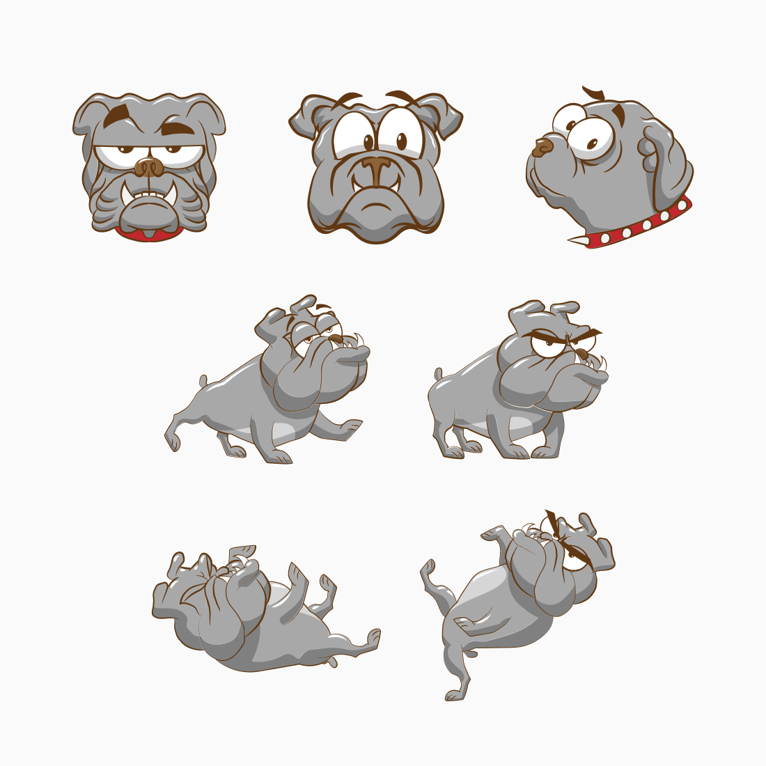 Set of cartoon dogs with different expressions.